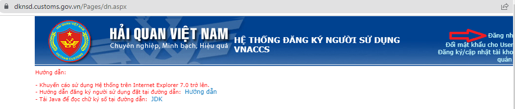 Giao diện trang chủ cổng thông tin đăng ký sử dụng hệ thống hải quan điện tử VNACCS