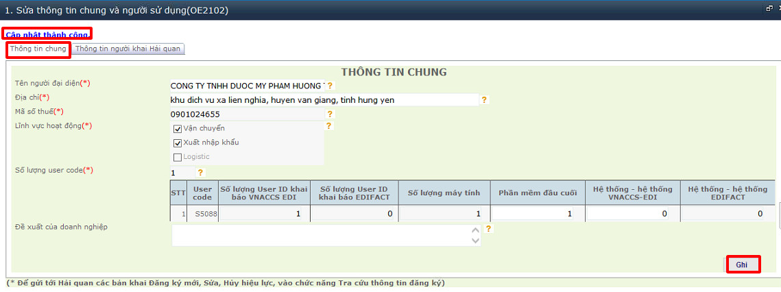 Kiểm tra và ghi lại thông tin chung của doanh nghiệp trên hệ thống hải quan VNACCS
