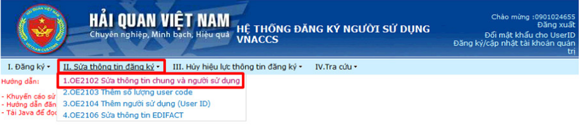Sửa thông tin chung và người sử dụng" trên hệ thống VNACCS