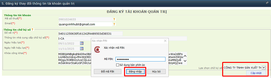 Nhập mã PIN chữ ký số và nhấn Đăng nhập để xác nhận trên hệ thống VNACCS.